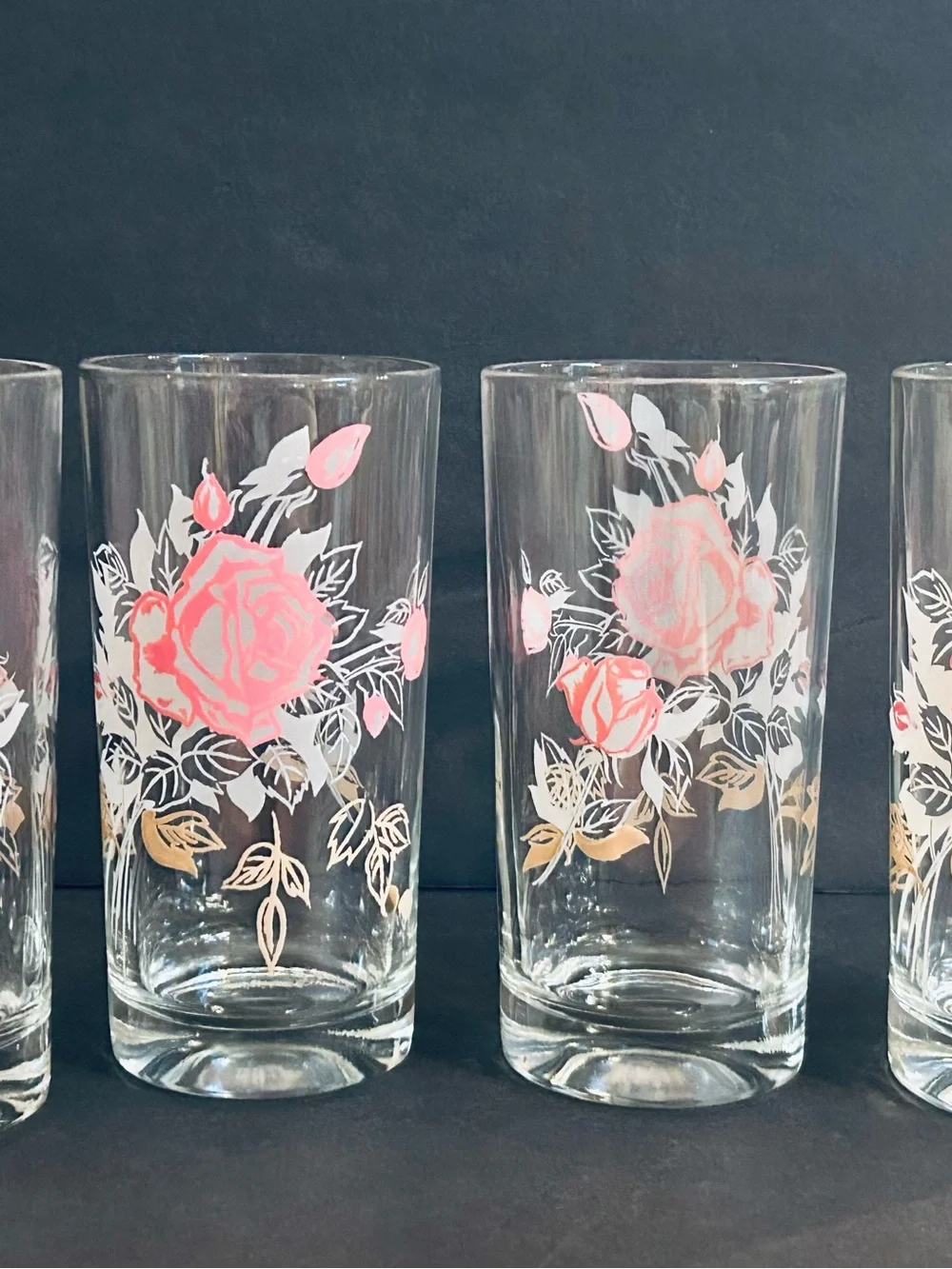 Vintage Mid Century Pink Rose Highball Drinking Glasses - Set of 4